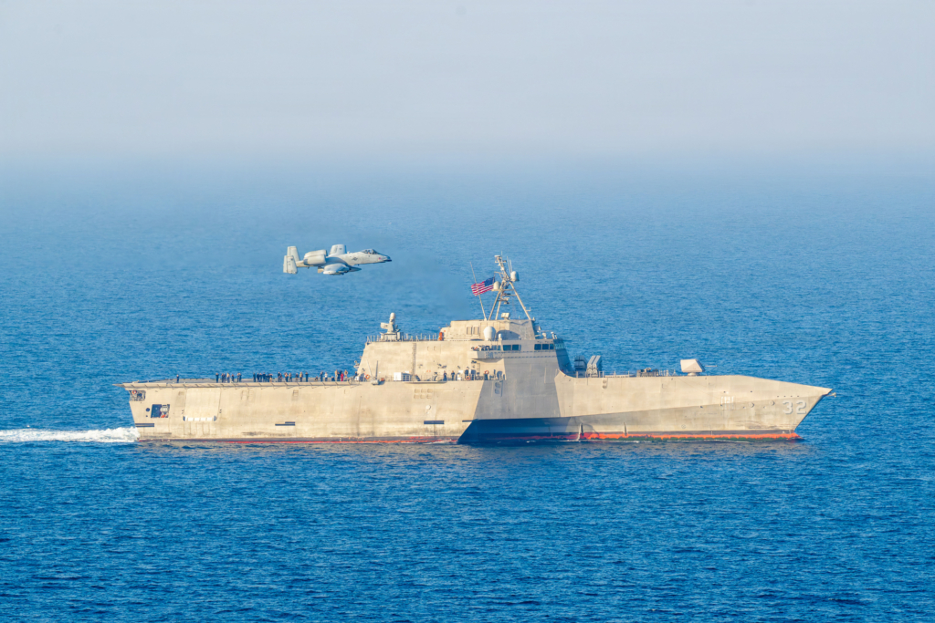 A USAF-operated A-10C Thunderbolt II provides CAS for the Independence-class littoral combat ship, USS Santa Barbara (LCS-32), during a training drill in the Arabian Gulf on 2 February 2026. Image: US Navy/Mass Communication Specialist 2nd Class Iain Page