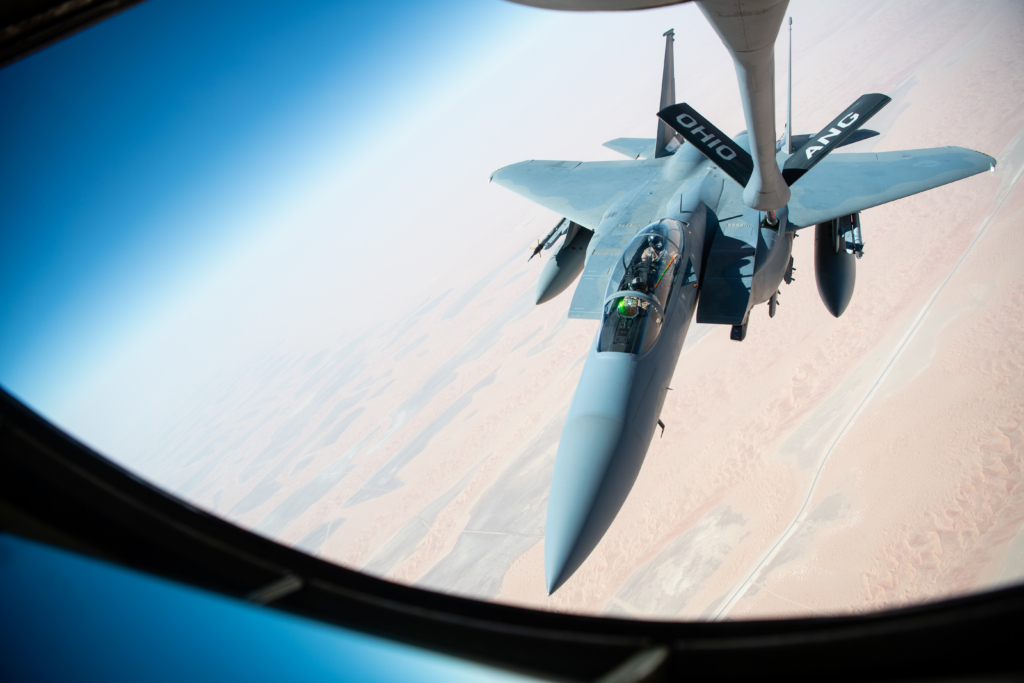 A USAF-operated KC-135R Stratotanker refuels an RSAF F-15SA during a mission over an undisclosed location in the Middle East in September 2020. Image: USAF/Staff Sgt Justin Parsons