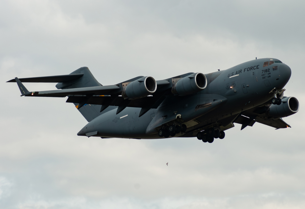 A USAF-operated C-17A (serial 07-7182) prepares to land at RAF Fairford in Gloucestershire, UK, ahead of the start of RIAT 2024. Image: Khalem Chapman