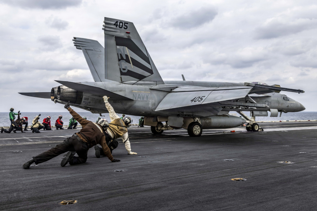 A US Navy-operated F/A-18E Super Hornet from VFA-151 'Vigilantes' prepares to launch from the flight deck of USS Abraham Lincoln for a sortie over the Arabian Sea on 28 January 2026. Image: US Navy/Mass Communication Specialist Seaman Zoe Simpson