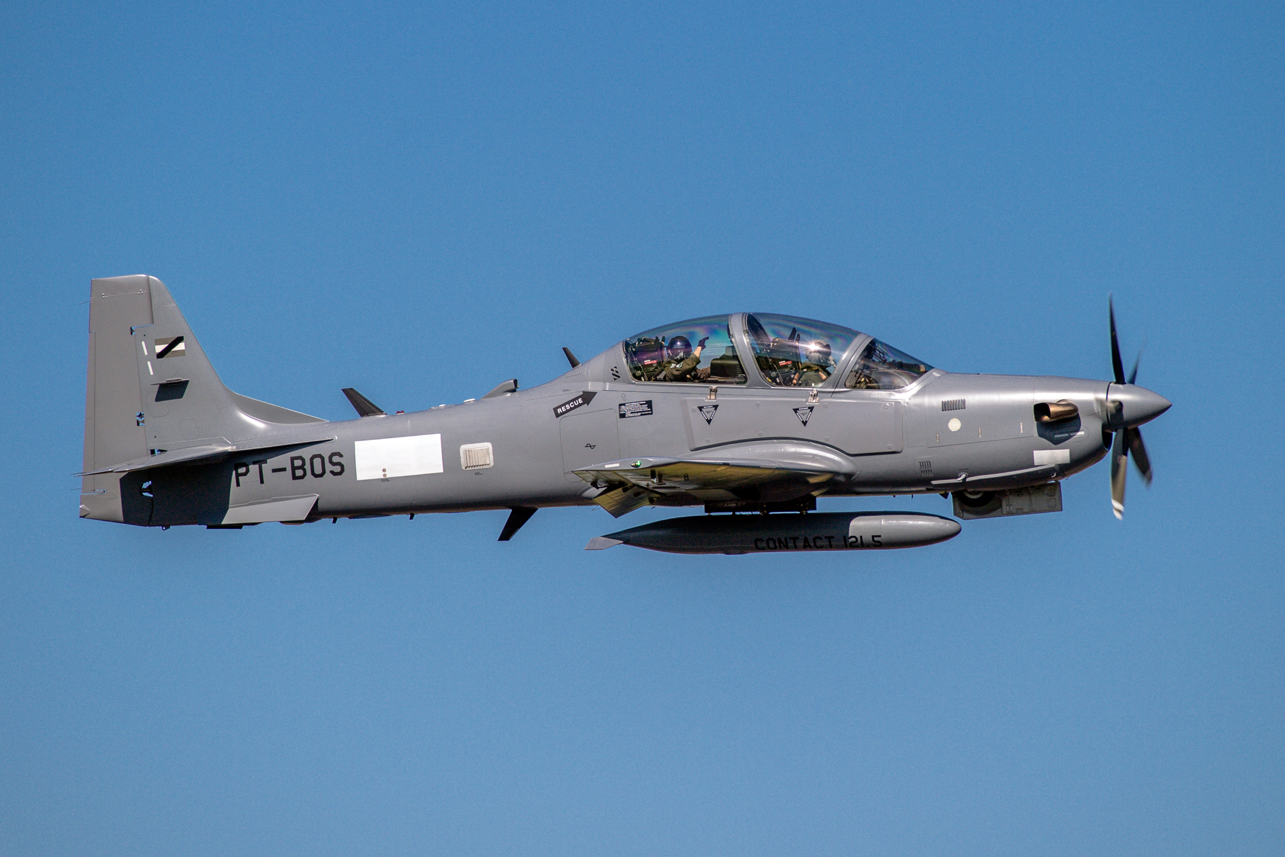 One of the FAU's first two A-29B Super Tucanos (wearing the temporary registration PT-BOS, but expected to become 250) departs Embraer's Gavião Peixoto facility in São Paulo, Brazil, on its delivery flight to Uruguay on 17 February 2026. Image: Embraer/Claudio Capucho