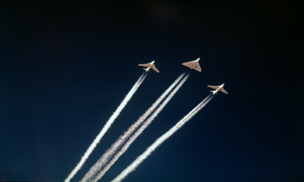 A Vulcan B1A (serial XA904) leads examples of the RAF's two other V-Bomber fleets - comprising a Vickers Valiant (serial XD869) and Handley Page Victor B1 (serial XA931) - at altitude on 13 January 1958. Image: MOD Crown Copyright/RAF Air Historical Branch