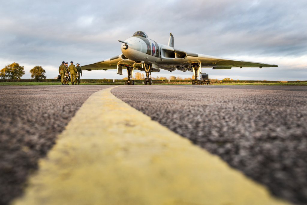 Avro Vulcan B2 (serial XM655) bathes in the evening sun at Wellesbourne Mountford Aerodrome in Warwickshire as re-enactor crews prepare for a mission in 2017. Image: MOD Crown Copyright/Cpl Tim Laurence