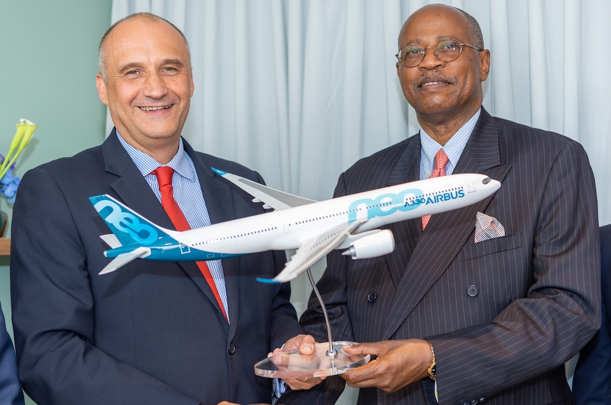 Uganda Airlines’ memorandum of understanding with Airbus in 2018 for two A330-800neo jetliners was announced at the Farnborough Airshow. Photo: Airbus