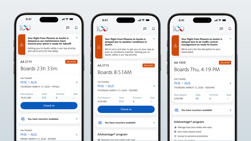 New American Airlines flight disruption alerts in app