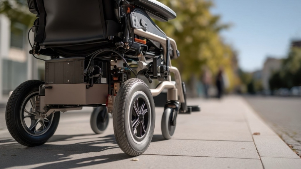 Electric wheelchair on urban sidewalk.