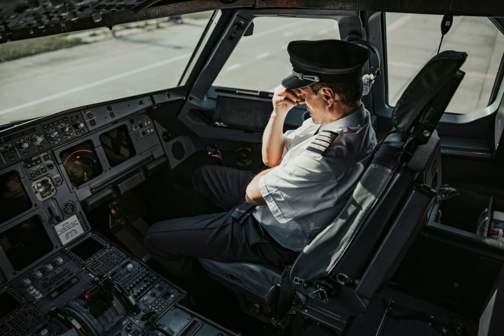 Caucasian man in uniform showing pain and touching his forehead