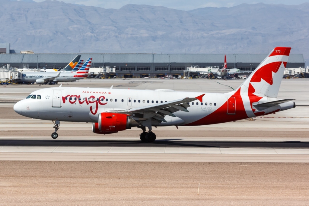 Las Vegas, Nevada – April 9, 2019: Air Canada Rouge Airbus A319 airplane at Las Vegas airport (LAS) in the United States.
