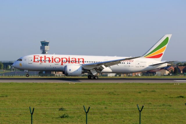 Brussels, Belgium – 10. May 2017: Ethiopian Airlines Boeing 787 Dreamliner at Brussels airport (BRU) in Belgium. Boeing is an aircraft manufacturer based in Seattle, Washington.