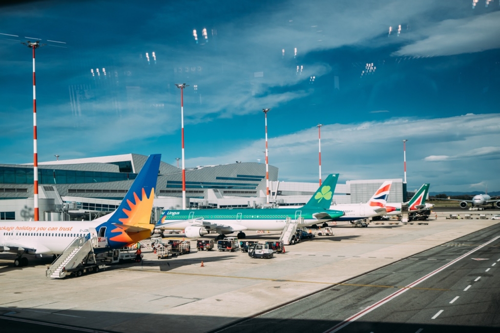 Fiumicino, Italy - October 22, 2018: Aircrafts Planes Of Different Airlines Stand At Rome–Fiumicino International Airport "Leonardo Da Vinci" In Autumn Day