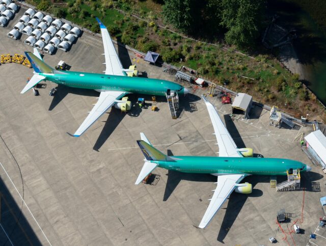Two Boeing 737 NG parked outside the company factory at Renton Airport.