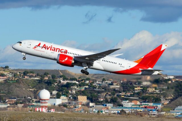 Avianca Airlines Colombia Boeing 787-8 Dreamliner taking off from Madrid Barajas Airport in Spain. Boeing 787 N794AV departure. Aircraft wing flex.