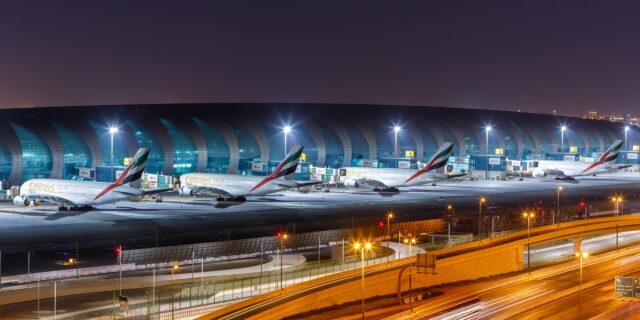 Emirates Airbus A380 airplanes Dubai airport in the United Arab Emirates