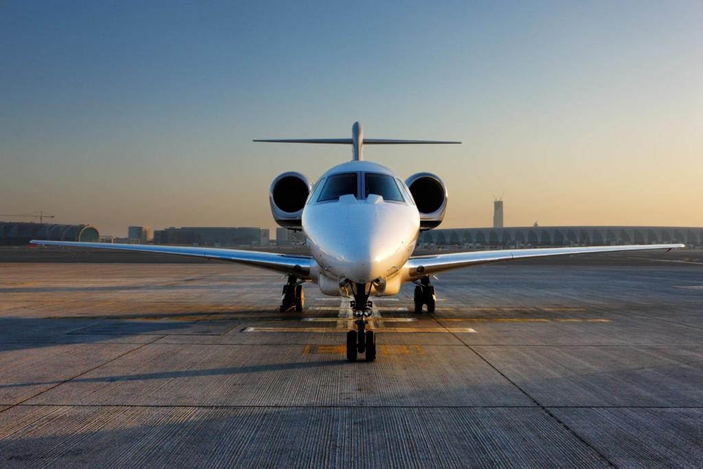 A front on view of a private jet