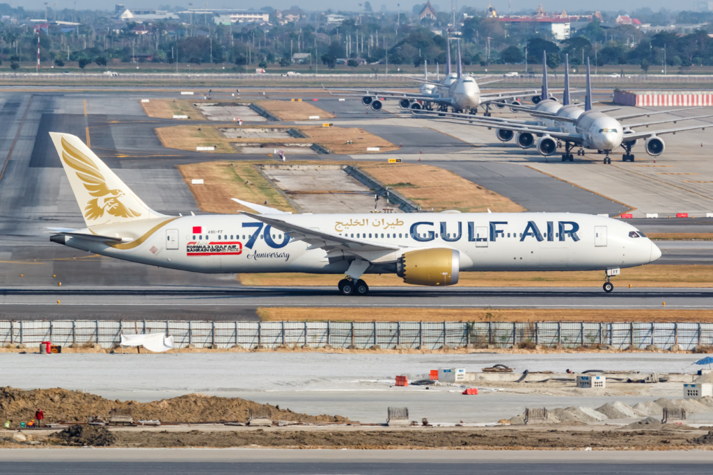 Bangkok, Thailand - February 9, 2023: Gulf Air Boeing 787-9 Dreamliner airplane at Bangkok Suvarnabhumi Airport (BKK) in Thailand.