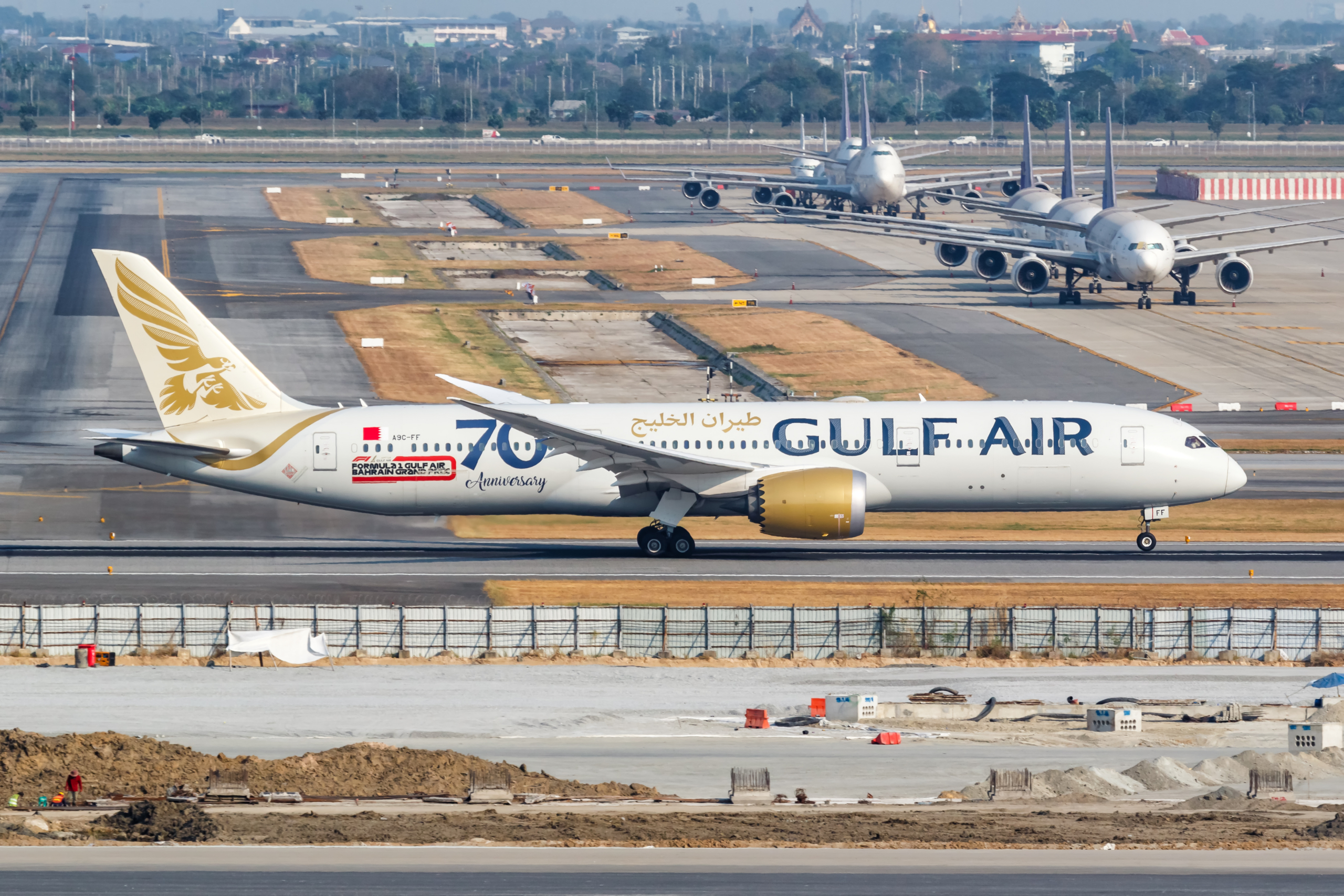 Bangkok, Thailand - February 9, 2023: Gulf Air Boeing 787-9 Dreamliner airplane at Bangkok Suvarnabhumi Airport (BKK) in Thailand.