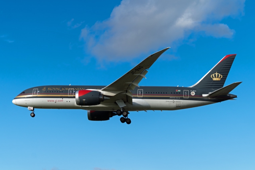 Royal Jordanian 787-8 Dreamliner plane landing at Heathrow Airport. London - 24th October 2023