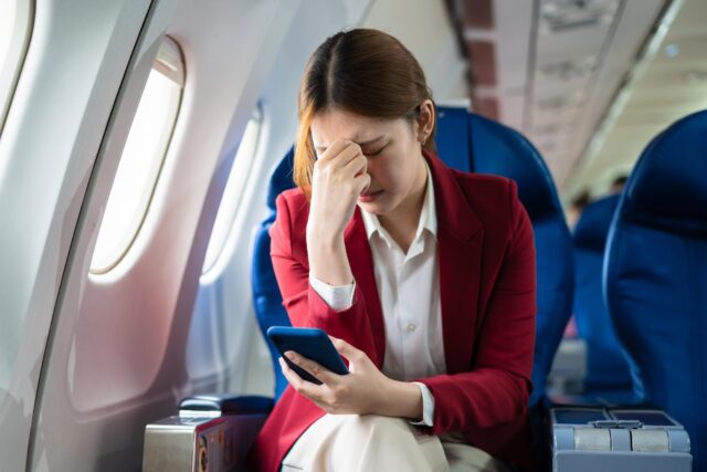 Tired asian woman with headache feeling sick while sitting in the airplane , Passengers near the window.