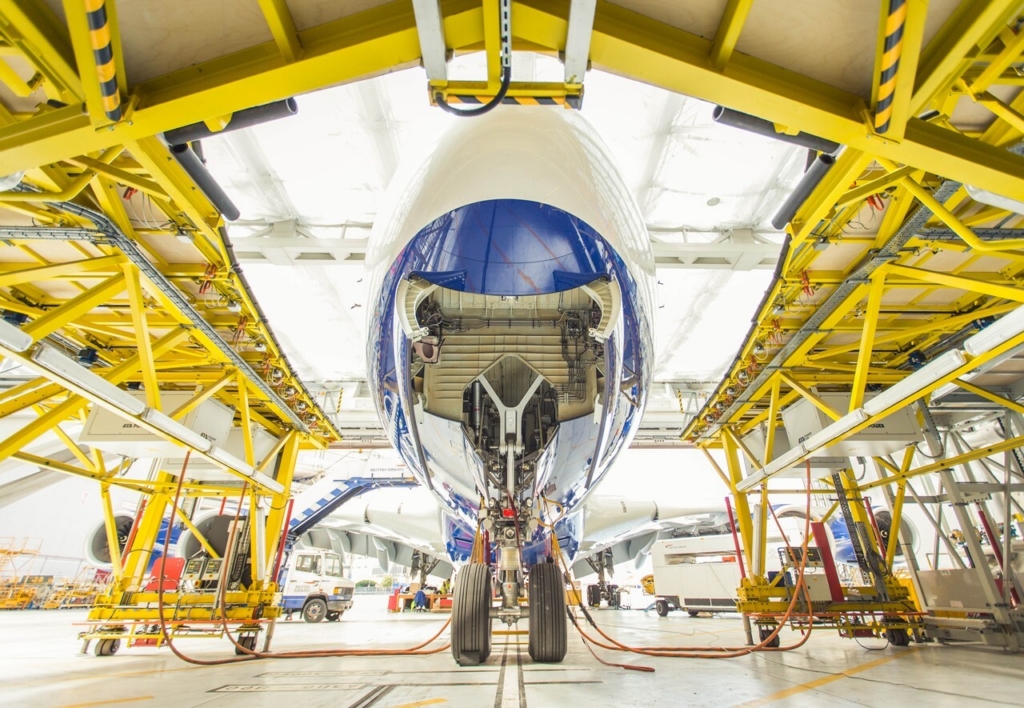 A British Airways A380 in the hangar for maintenance
