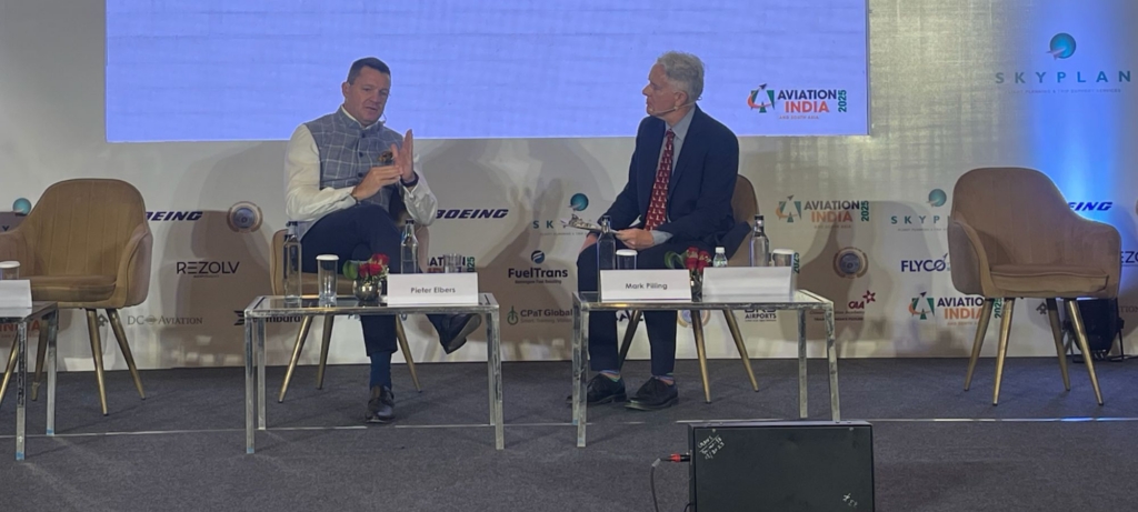 Former IndiGo CEO Pieter Elbers with Mark Pilling at Aviation India 2026