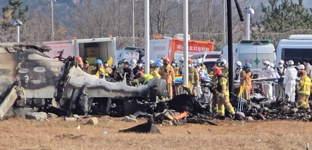 Broken concrete localizer support structure at Muan International Airport following crash of Jeju Air flight 2216