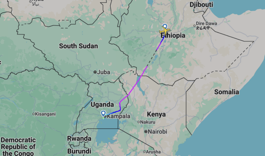 Screenshot of a flight map showing the route of a plane.