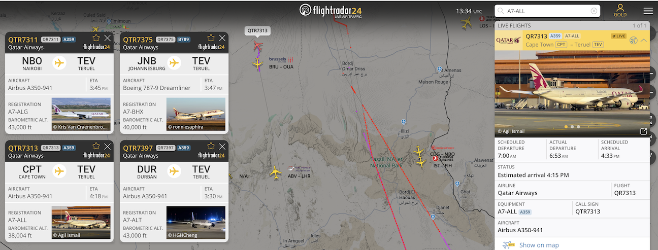 Qatar Airways aircraft en route to Teruel. 