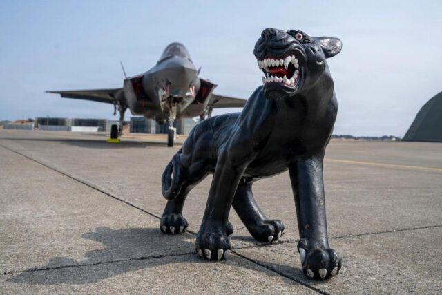 US AIr Force F-35A with panther statud, the mascot of the 13th fighter squadron