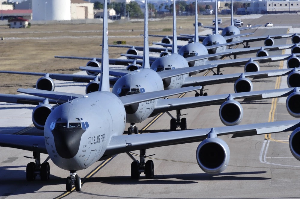 US Air Force KC-135 aerial refuelling tankers doing an elephant walk