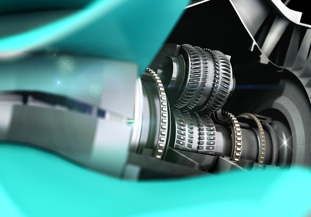 A detailed cross-section view of precision mechanical gears and transmission components with metallic finishes, set against a vibrant turquoise background that creates an artistic industrial aesthetic.