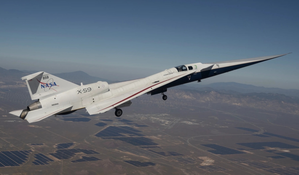 NASA's X-59 Quesst [registration N859NA '859'] is seen in-flight over California during the experimental supersonic aircraft's brief second test sortie on 21 March 2026. Image: NASA/Jim Ross