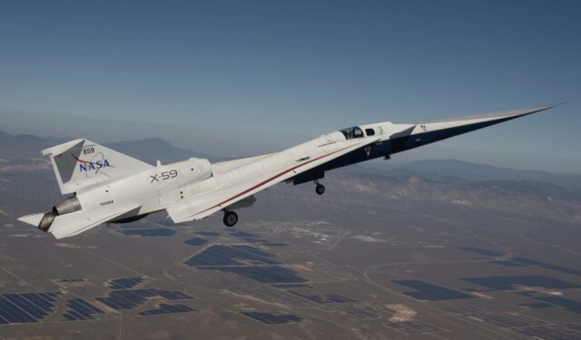 NASA's X-59 Quesst [registration N859NA '859'] is seen in-flight over California during the experimental supersonic aircraft's brief second test sortie on 21 March 2026. Image: NASA/Jim Ross