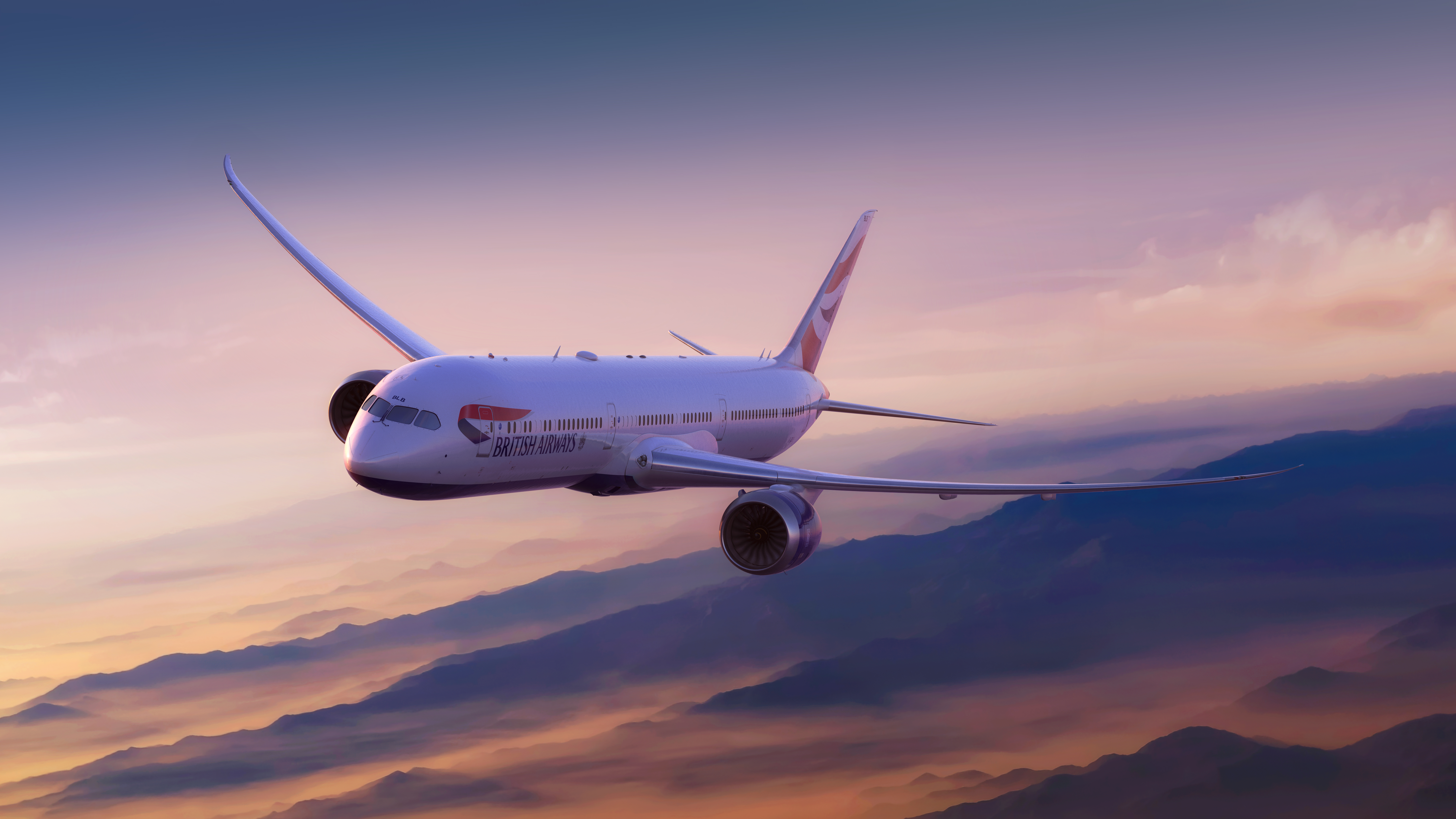 Boeing 787-10 in flight above the mountains at sunset.