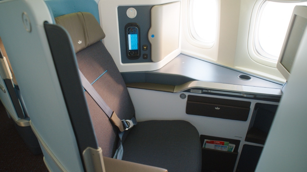 KLM business class Jamco Venture seats with privacy screen.