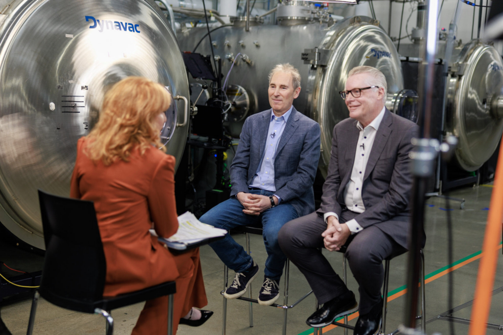 Delta CEO Ed Bastian and Amazon CEO Andy Jassy at Amazon facility