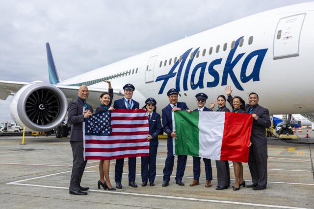 April 28, 2026; SeaTac, Wash.; Flight crew for the Alaska Airlines inaugural flight #180 to Rome (FCO) from Seattle.