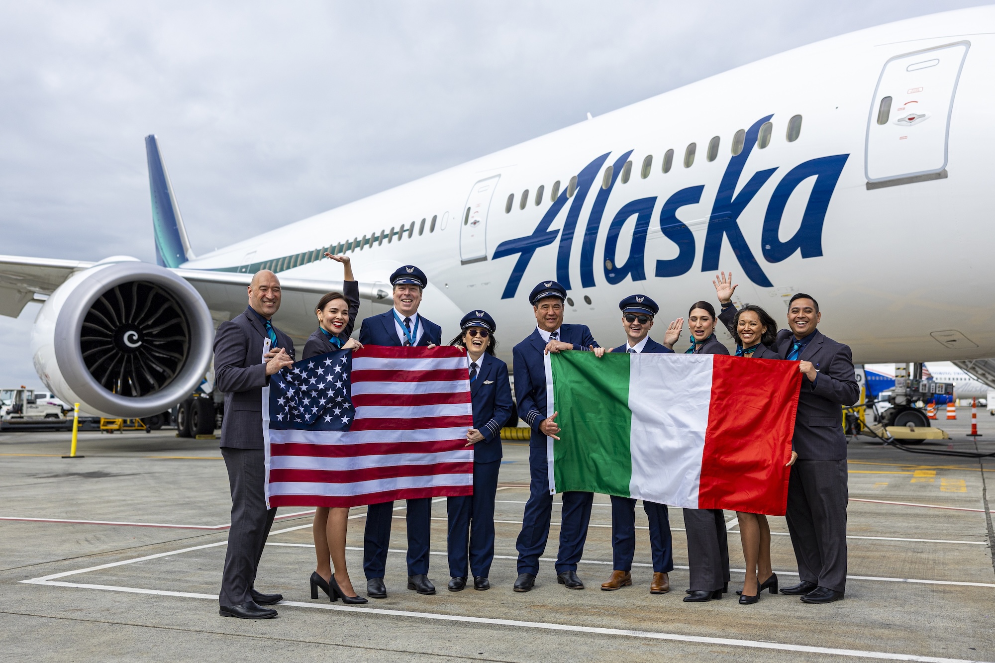 April 28, 2026; SeaTac, Wash.; Flight crew for the Alaska Airlines inaugural flight #180 to Rome (FCO) from Seattle.