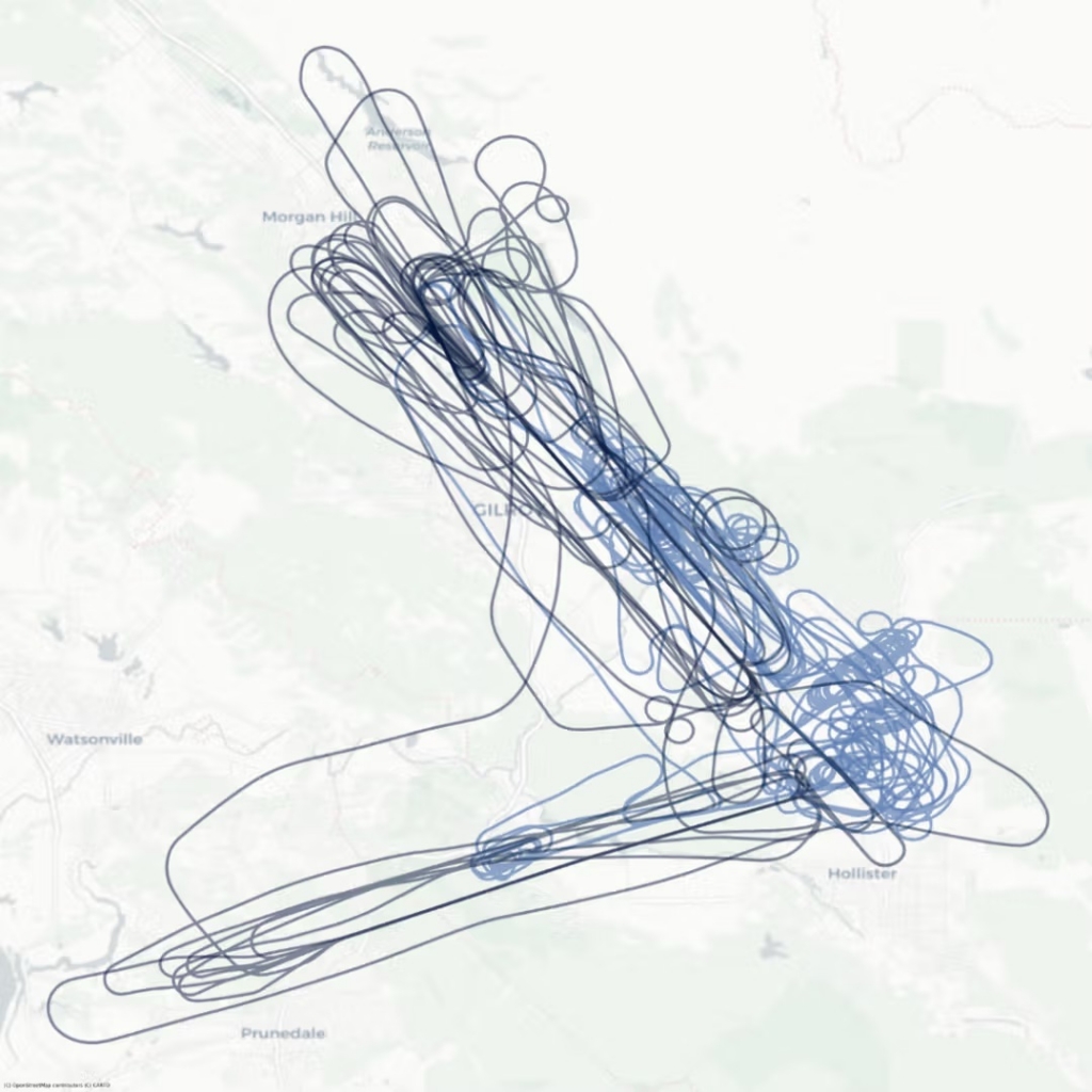 A visualization of several scripted flight test encounters. Reliable's C208B UAS (black) is shown on final approach to KCVH, while the intruder aircraft (blue) flies converging paths