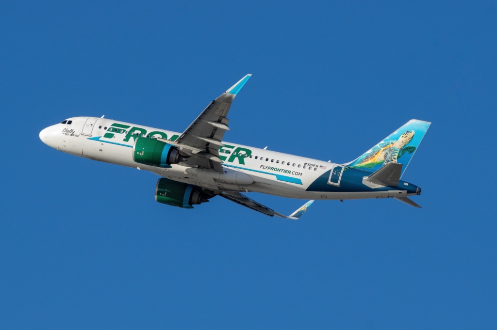 Frontier Airlines Airbus A320 with registration N316FR shown departing from Los Angeles International Airport, in California, United States, on November 28, 2024.