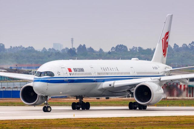 Chengdu, China - April 8, 2024: Air China Airbus A350-900 airplane at Chengdu Shuangliu Airport in China.