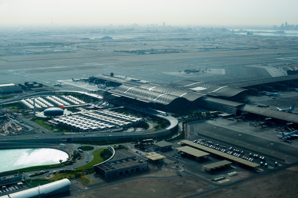 Doha airport aerial view from above, the territory of the airport from a height.