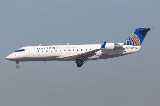 Los Angeles, USA - 21. February 2016: United Express Bombardier CRJ-200 at Los Angeles airport (LAX) in the USA. Bombardier is an aircraft manufacturer based in Canada.
