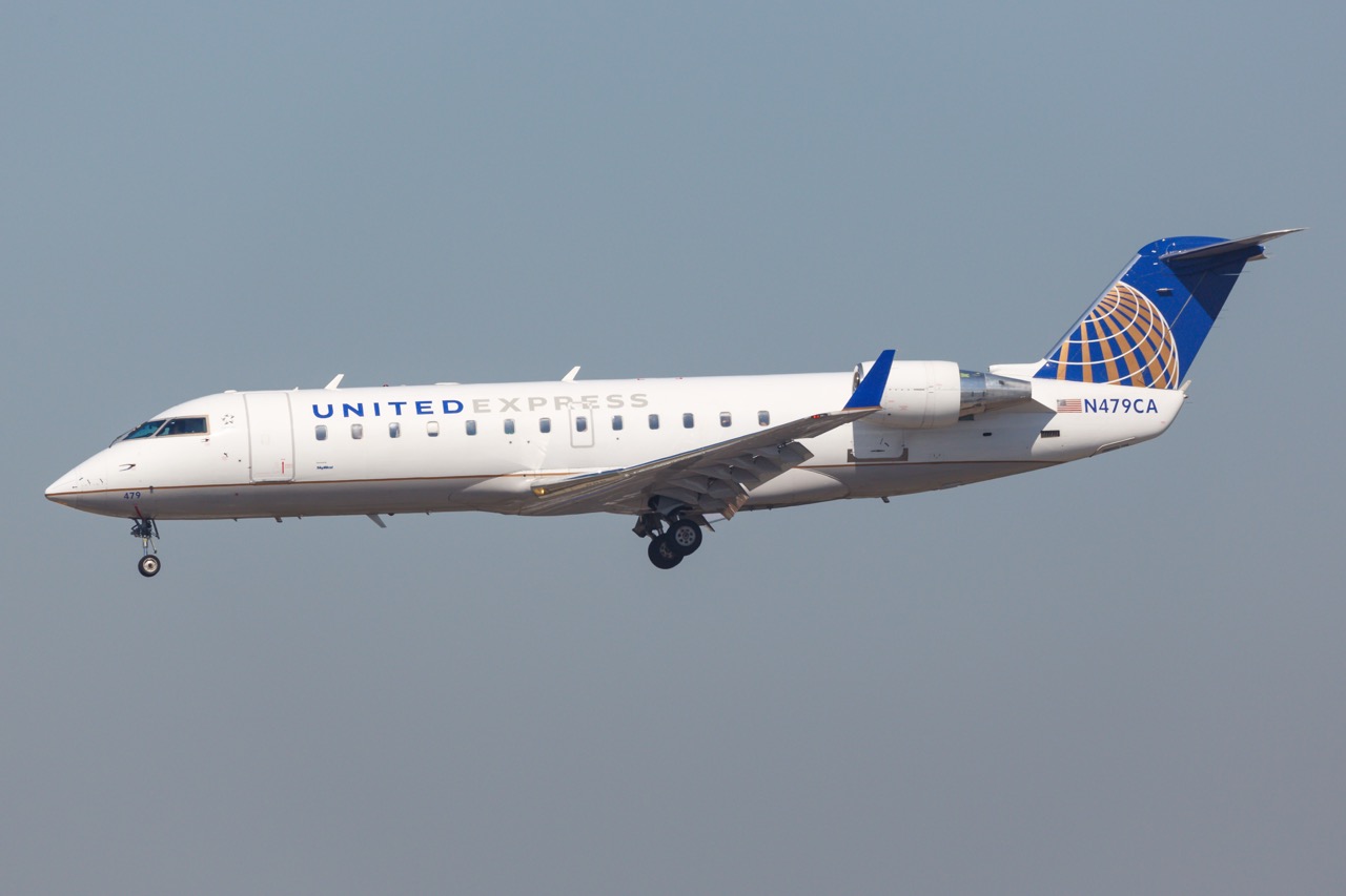 Los Angeles, USA - 21. February 2016: United Express Bombardier CRJ-200 at Los Angeles airport (LAX) in the USA. Bombardier is an aircraft manufacturer based in Canada.
