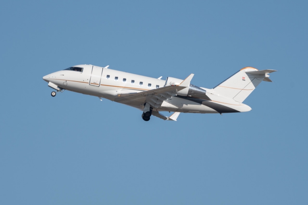 Zurich, Switzerland, February 10, 2022 Bombardier Challenger 650 jet just after take off from runway 28
