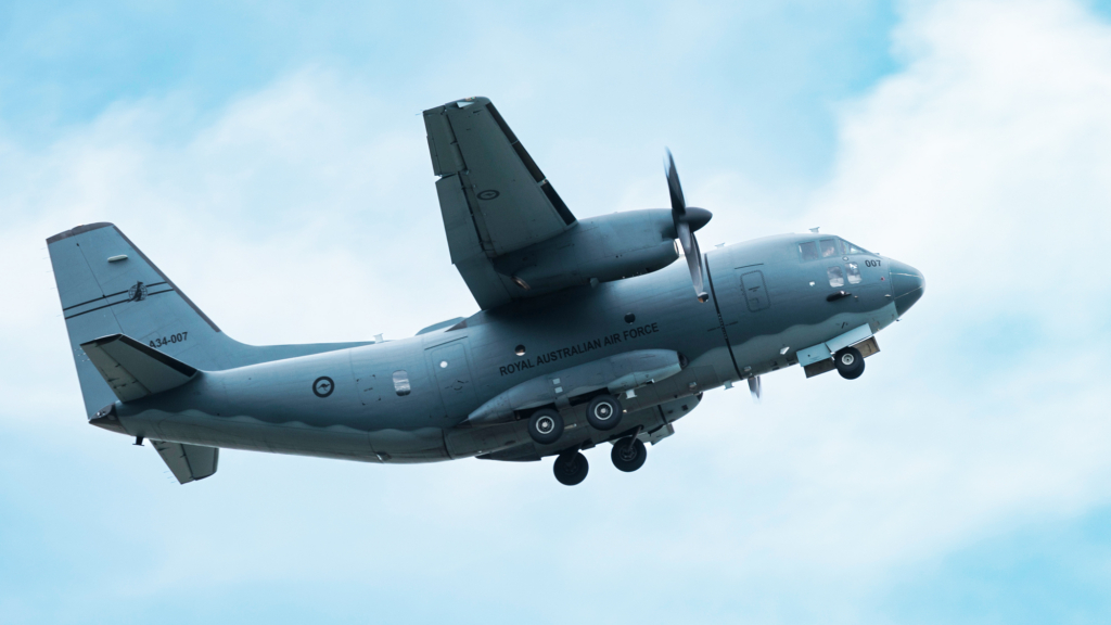 A Royal Australian Air Force C-27J Spartan aircraft departs Port Morseby airport, Papua New Guinea, during the Defence Pacific Air Program 24-2.