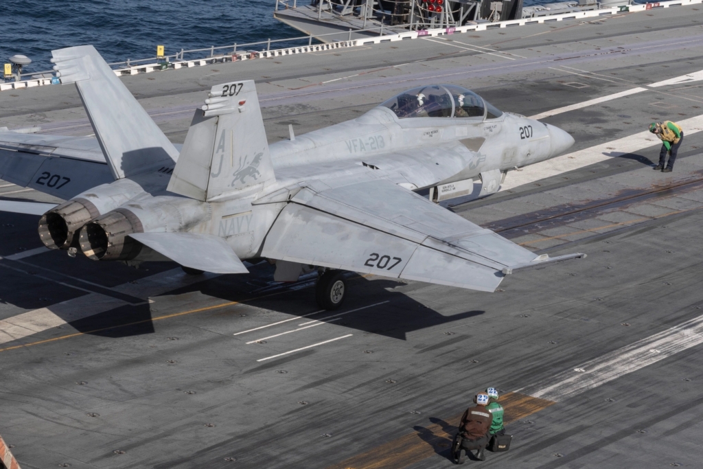 F:A-18 launching from Gerald R. Ford aircraft carrier with EMALS