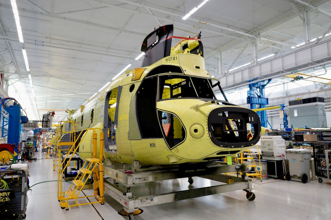 The first of 60 CH-47F Block II Chinooks for the Luftwaffe is seen during the early stages of production in early April 2026. Image: Boeing