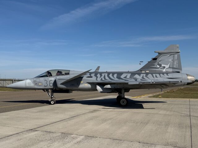 The HuAF's 101st Tactical Aviation Squadron rolled out its latest puma-inspired special scheme on JAS 39C Gripen (serial 36) at Kecskemét Air Base on 23 April 2026. Image: HuAF/101st Tactical Aviation Squadron via Facebook