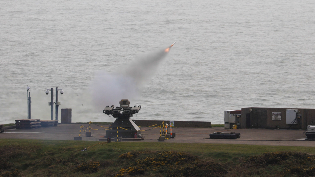 An RAF-operated Rapid Sentry SHORAD system launches a LMM during a live-fire training drill at the Air Defence Range at Manorbier, Pembrokeshire Coast National Park, in Wales on 18 March 2024. Image: MOD Crown Copyright/AS1 Jessica Eglon