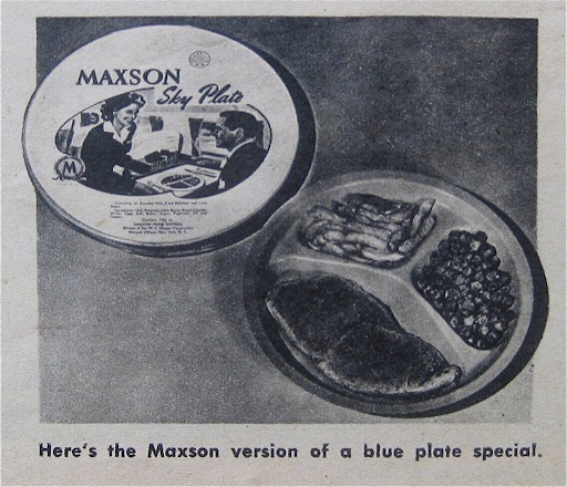 Maxson's Sky Plate frozen in-flight meal option 1940s Pan Am